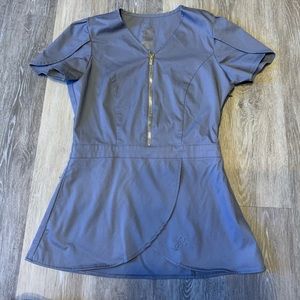 Jaanuu Scrub Top Gray Tulip Sleeve Peplum XS Gold Zipper